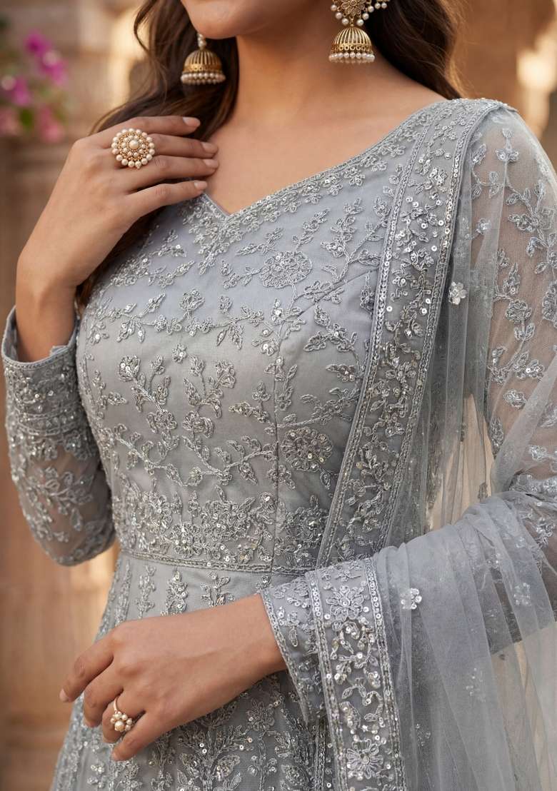 Grey Embroidered Net Kurta Set - Indya