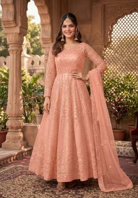 Peach Embroidered Net Kurta Set