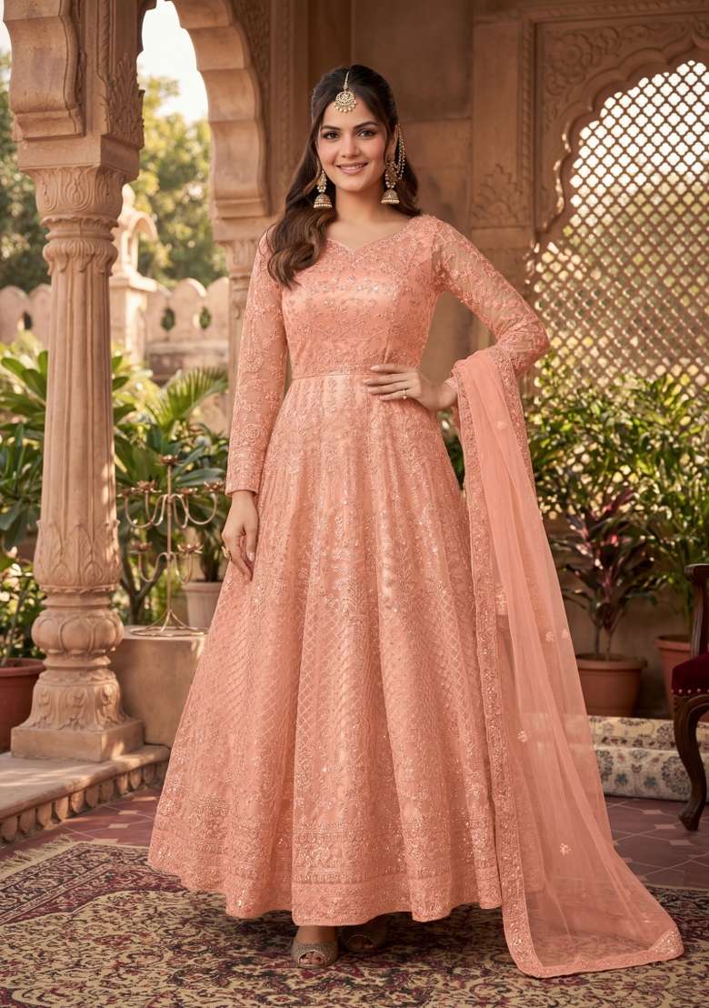 Peach Embroidered Net Kurta Set - Indya