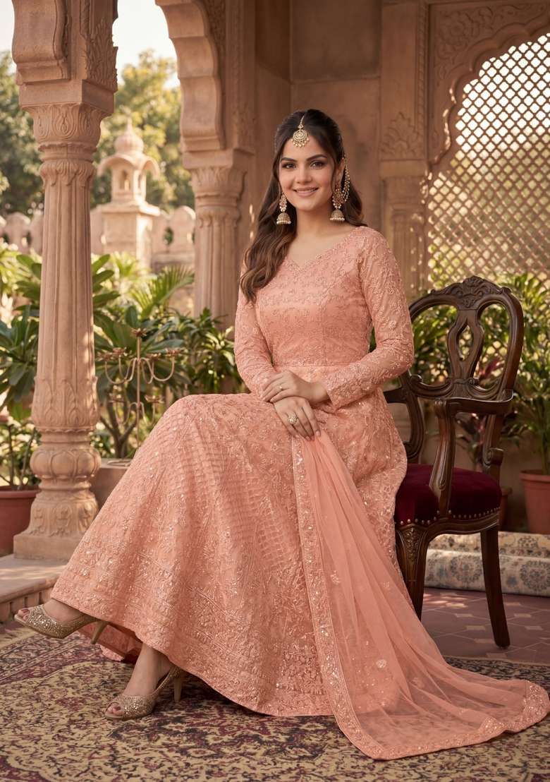Peach Embroidered Net Kurta Set - Indya