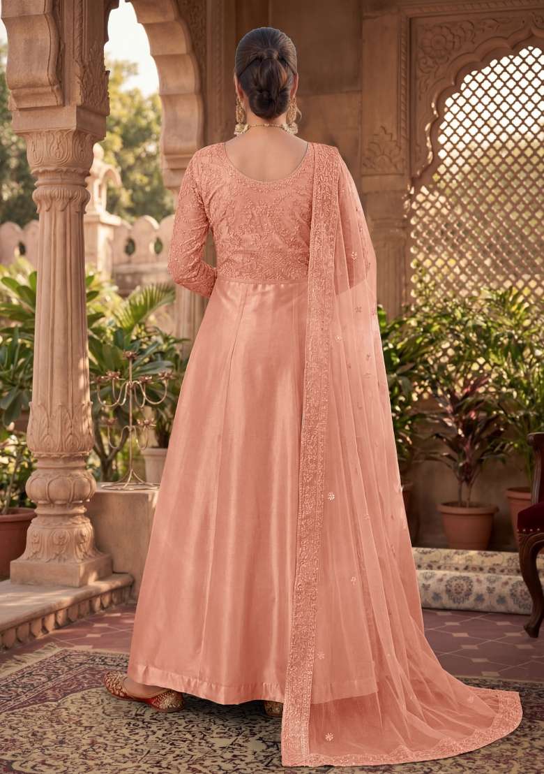 Peach Embroidered Net Kurta Set - Indya