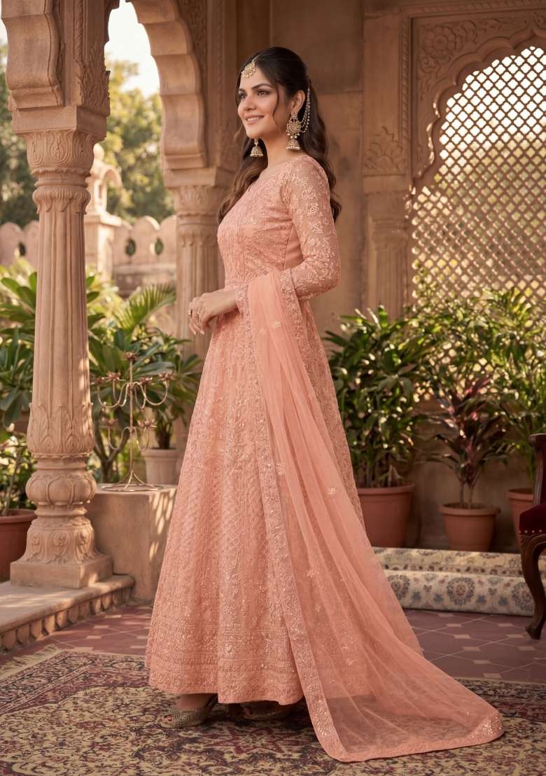 Peach Embroidered Net Kurta Set - Indya