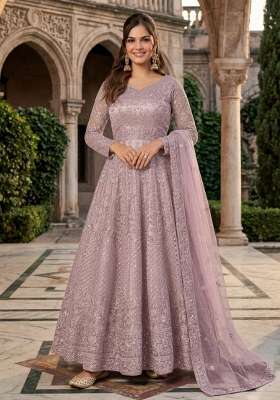 Purple Embroidered Net Kurta Set