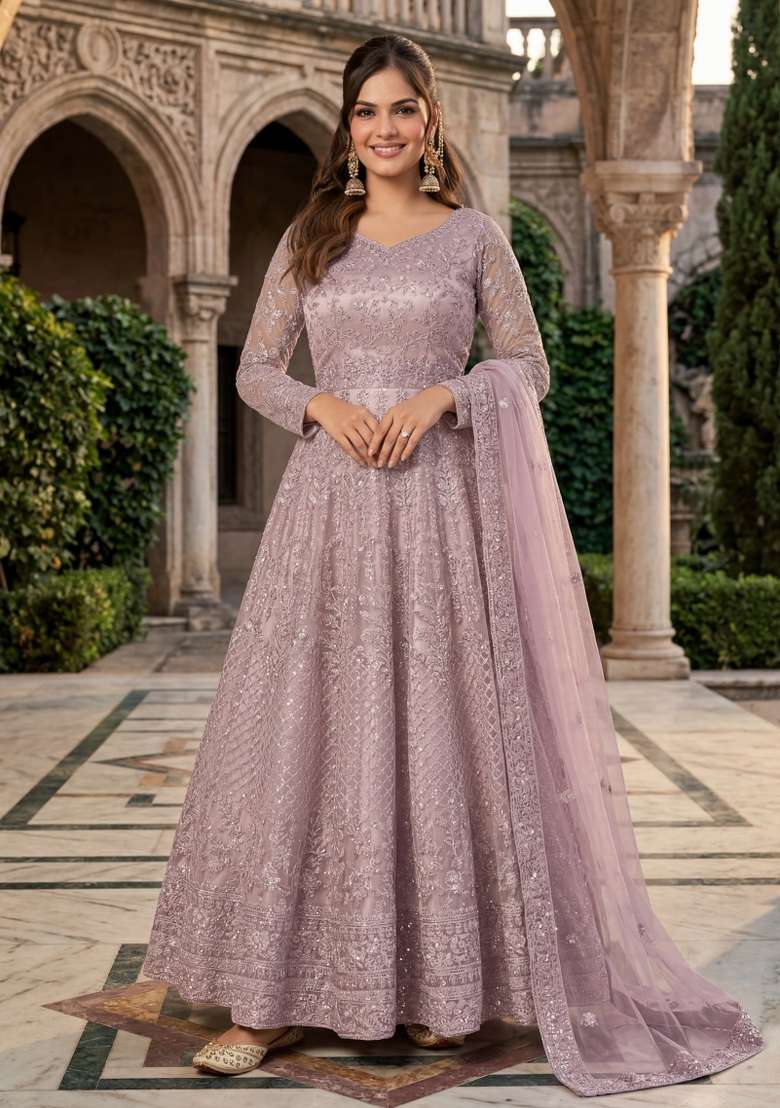 Purple Embroidered Net Kurta Set - Indya