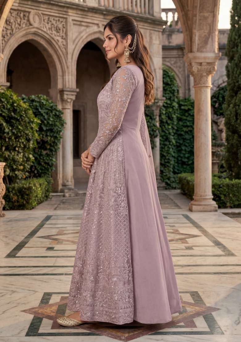 Purple Embroidered Net Kurta Set - Indya