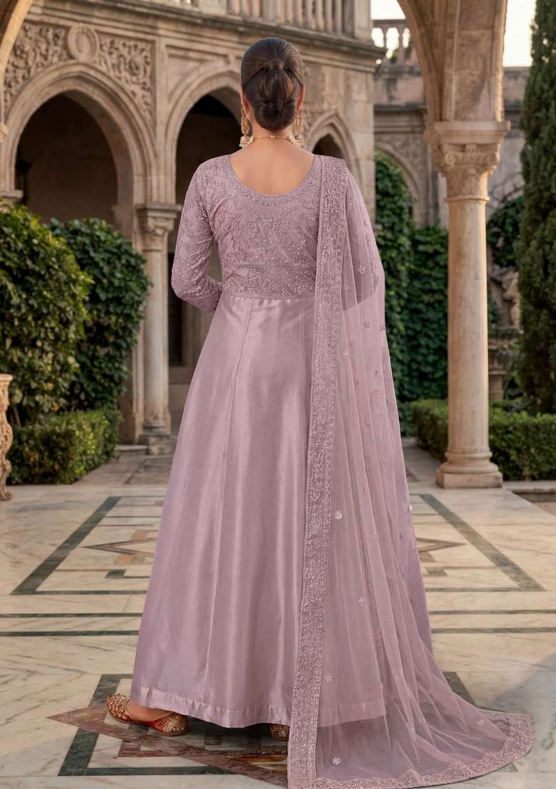 Purple Embroidered Net Kurta Set - Indya