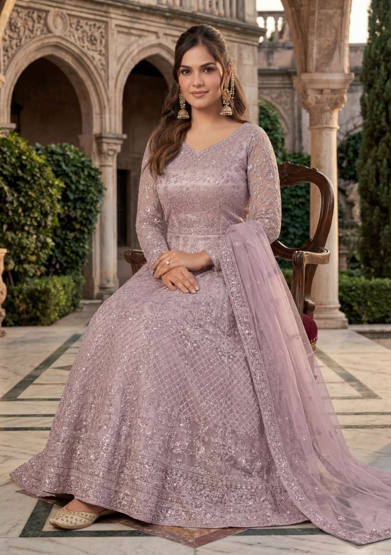 Purple Embroidered Net Kurta Set - Indya