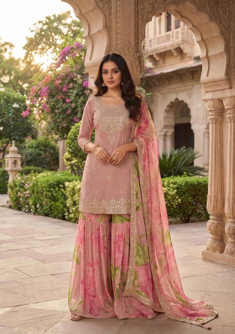 Peach Embroidered Chinon Kurta Set - Indya