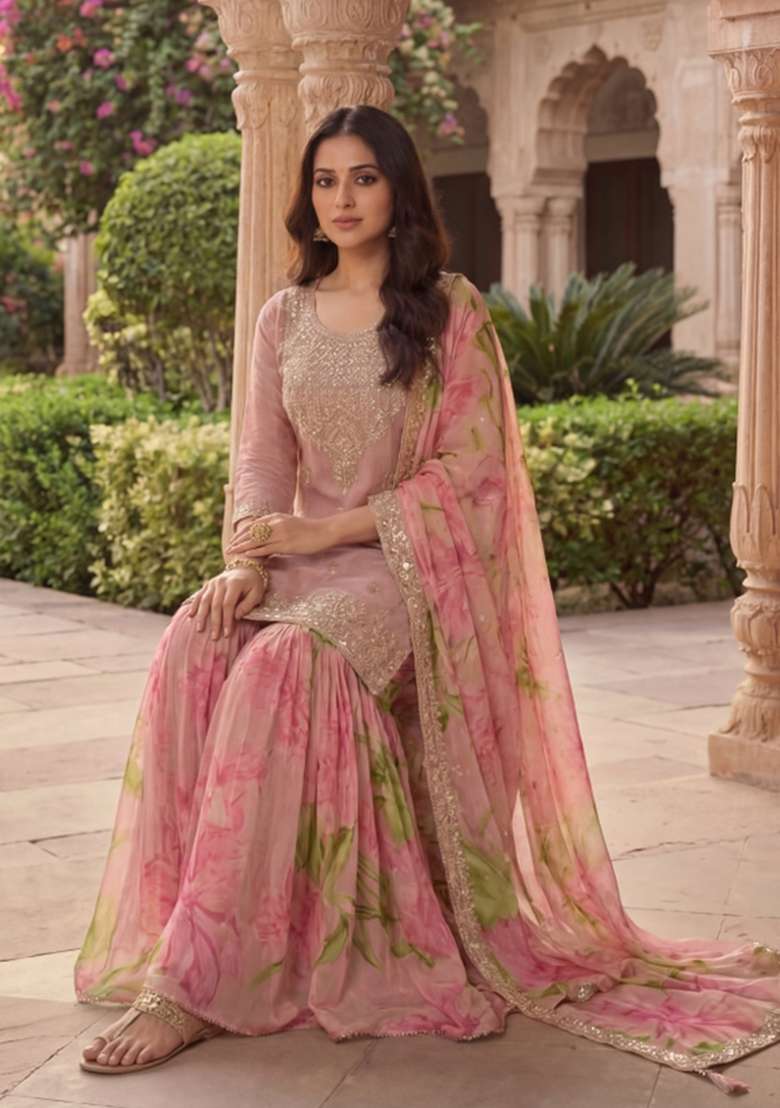 Peach Embroidered Chinon Kurta Set - Indya