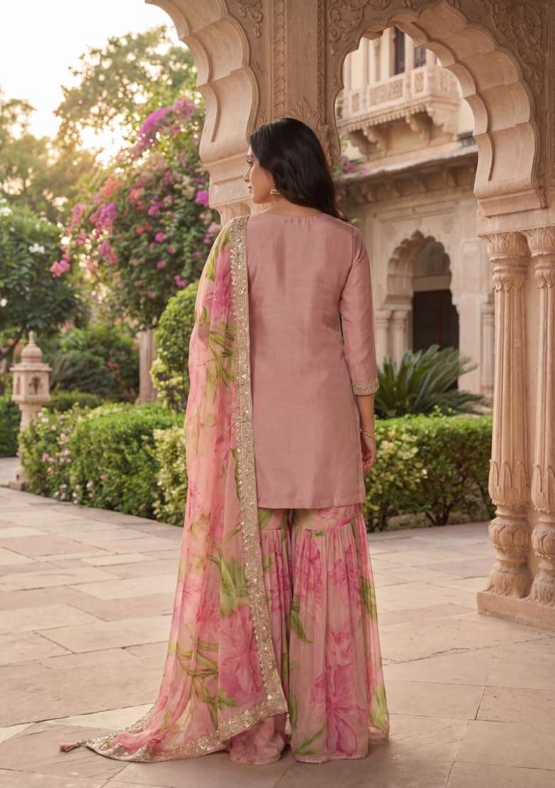 Peach Embroidered Chinon Kurta Set - Indya