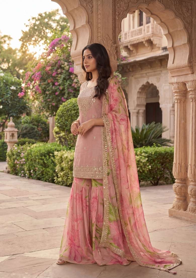 Peach Embroidered Chinon Kurta Set - Indya