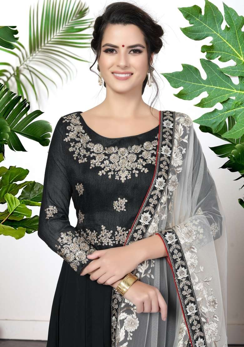 Black Embroidered Georgette Kurta Set - Indya