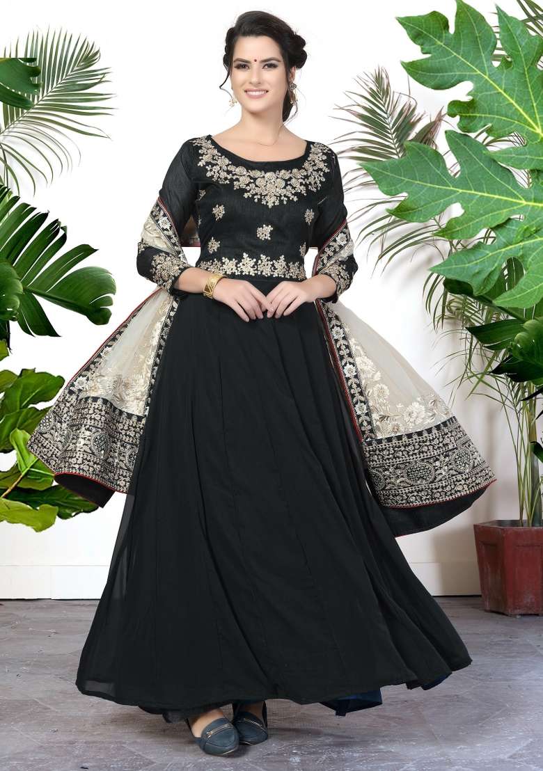 Black Embroidered Georgette Kurta Set - Indya