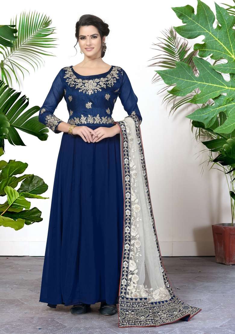 Blue Embroidered Georgette Kurta Set - Indya