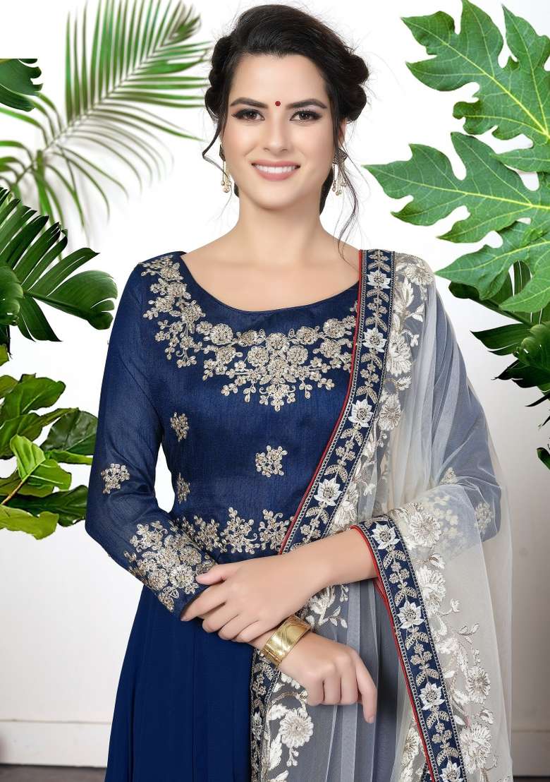Blue Embroidered Georgette Kurta Set - Indya
