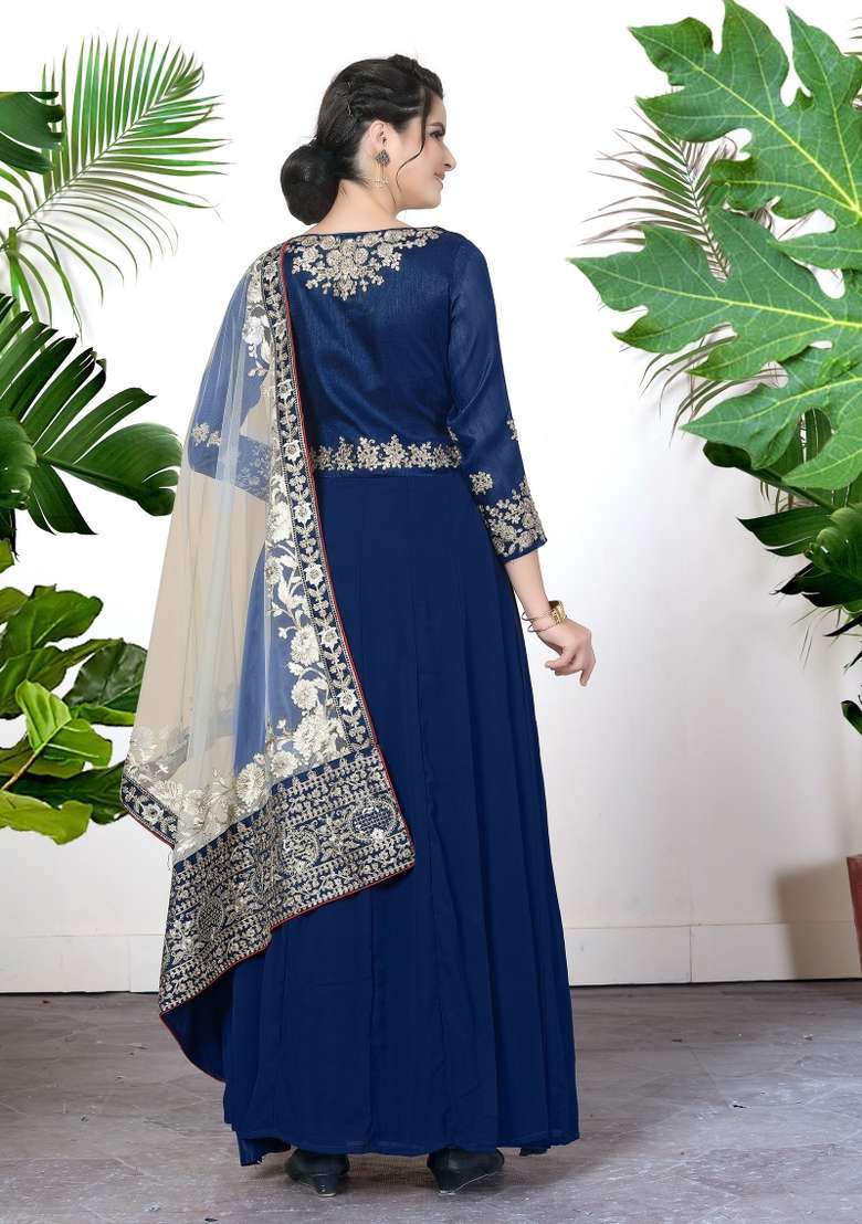 Blue Embroidered Georgette Kurta Set - Indya