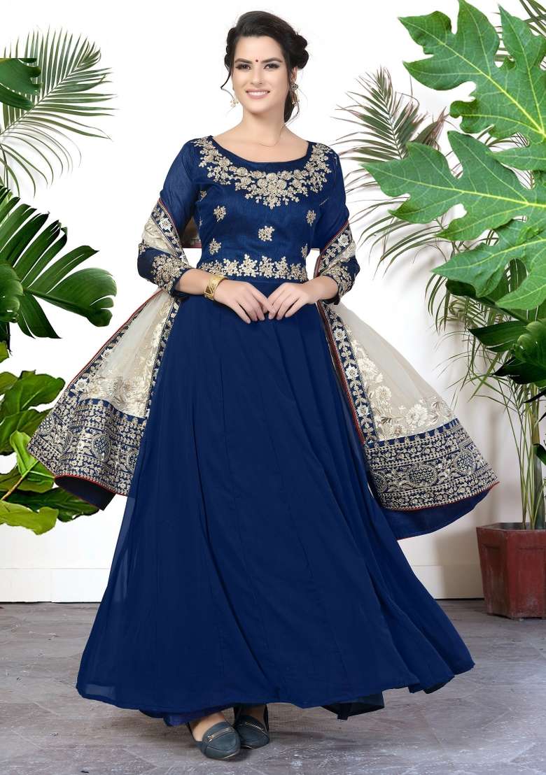 Blue Embroidered Georgette Kurta Set - Indya