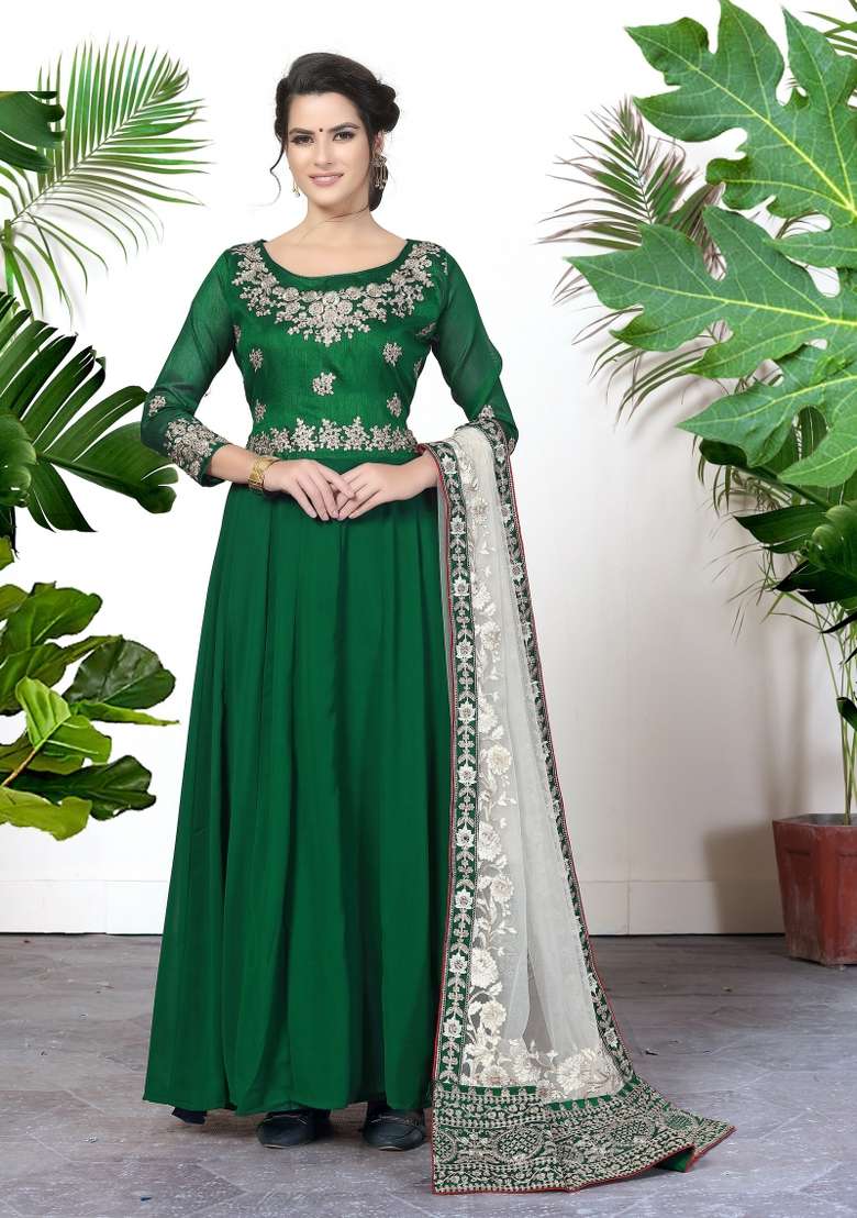 Green Embroidered Georgette Kurta Set - Indya