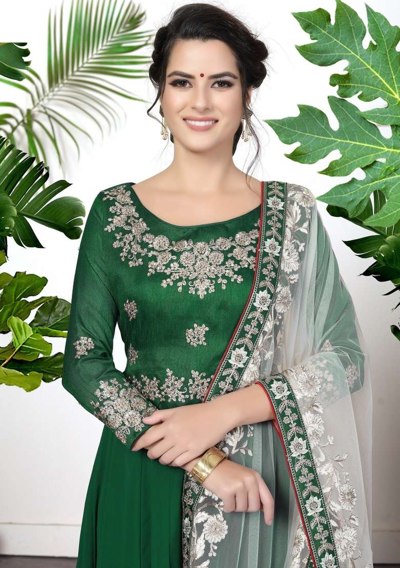 Green Embroidered Georgette Kurta Set - Indya