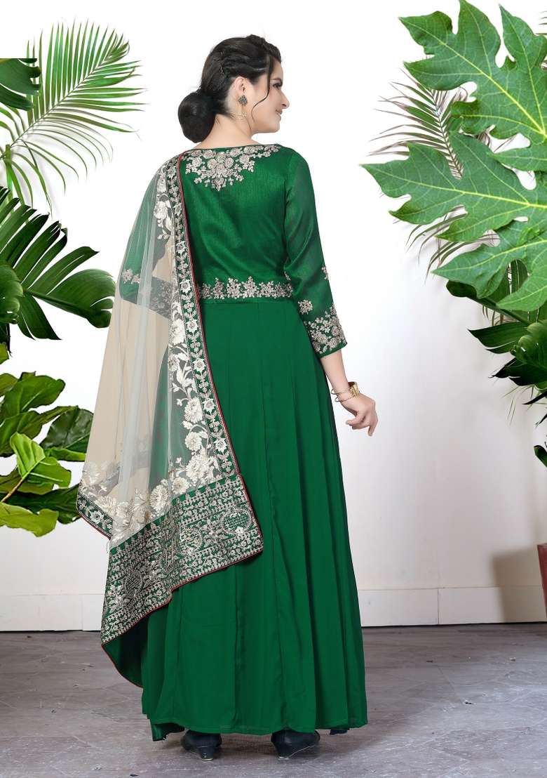 Green Embroidered Georgette Kurta Set - Indya