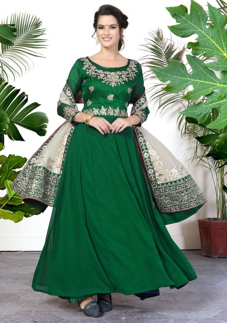 Green Embroidered Georgette Kurta Set - Indya