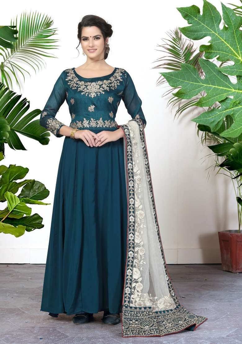 Rama Green Embroidered Georgette Kurta Set - Indya