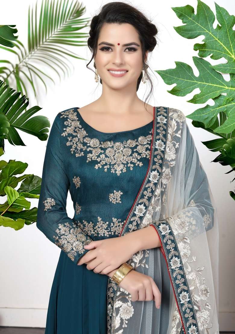 Rama Green Embroidered Georgette Kurta Set - Indya