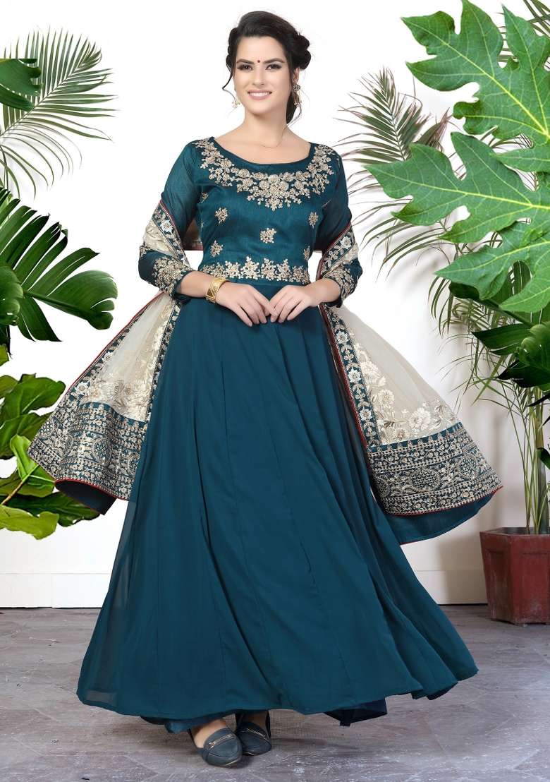 Rama Green Embroidered Georgette Kurta Set - Indya