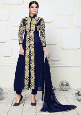 Blue Embroidered Georgette Kurta Set
