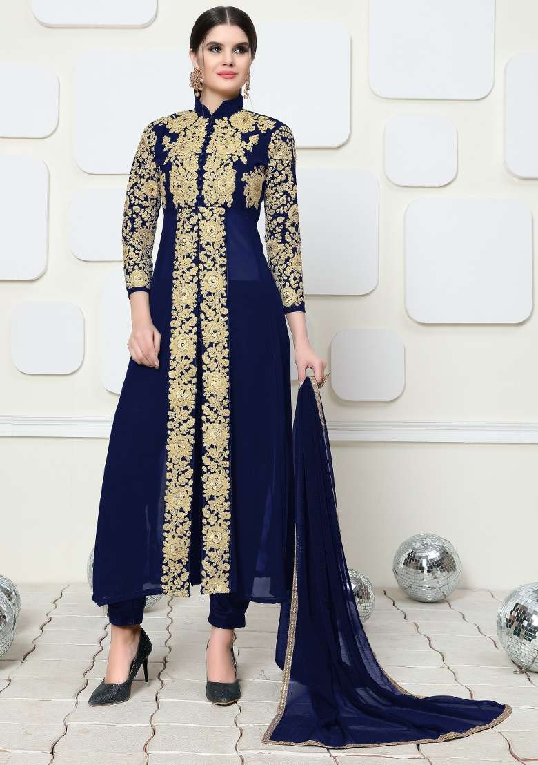 Blue Embroidered Georgette Kurta Set - Indya