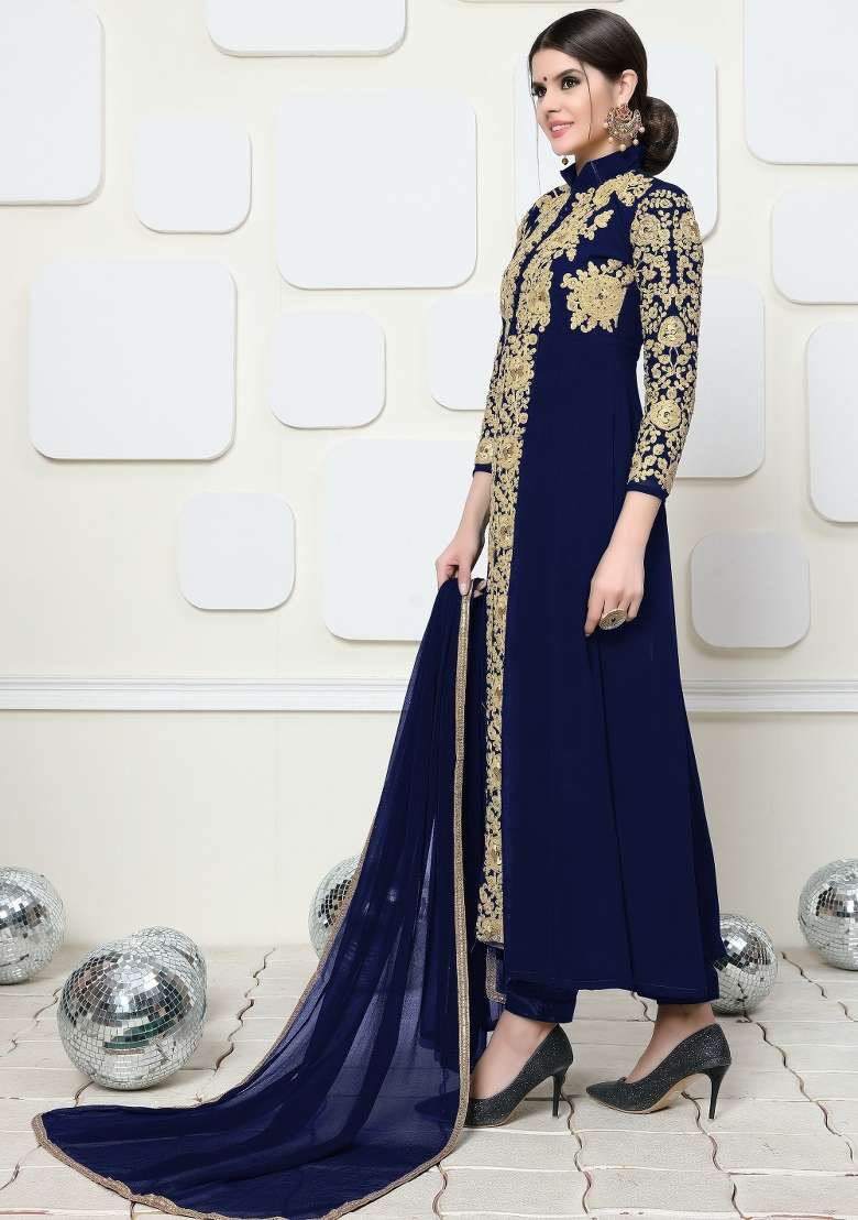 Blue Embroidered Georgette Kurta Set - Indya