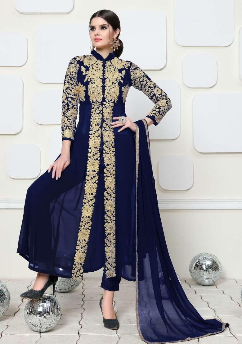 Blue Embroidered Georgette Kurta Set - Indya