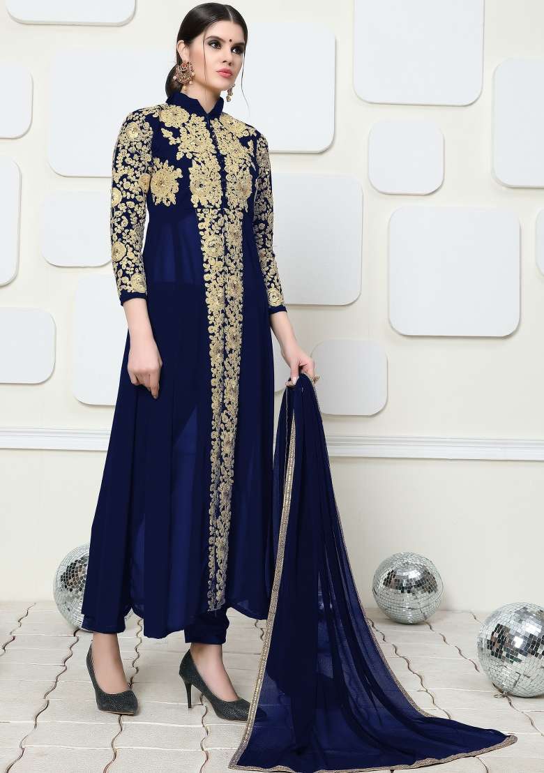 Blue Embroidered Georgette Kurta Set - Indya