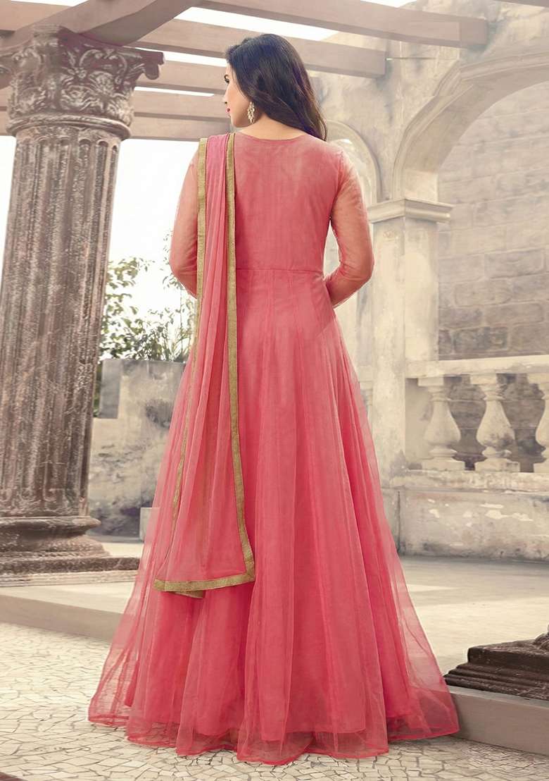 Dark Peach Embroidered Net Kurta Set - Indya