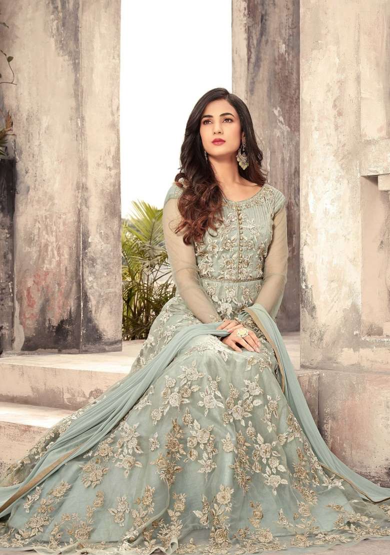 Grey Embroidered Net Kurta Set - Indya
