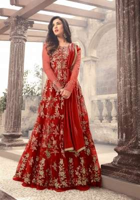 Red Embroidered Net Kurta Set