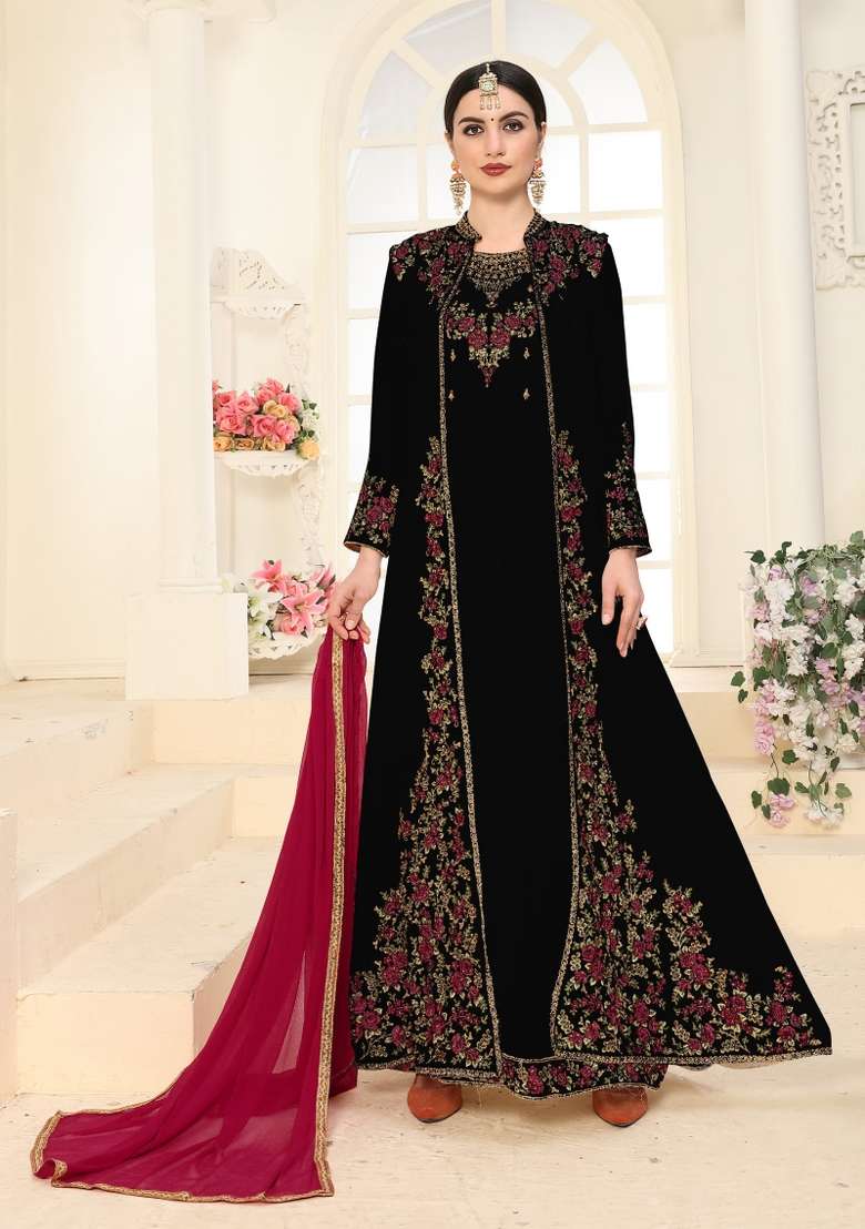 Black Embroidered Georgette Kurta Set - Indya
