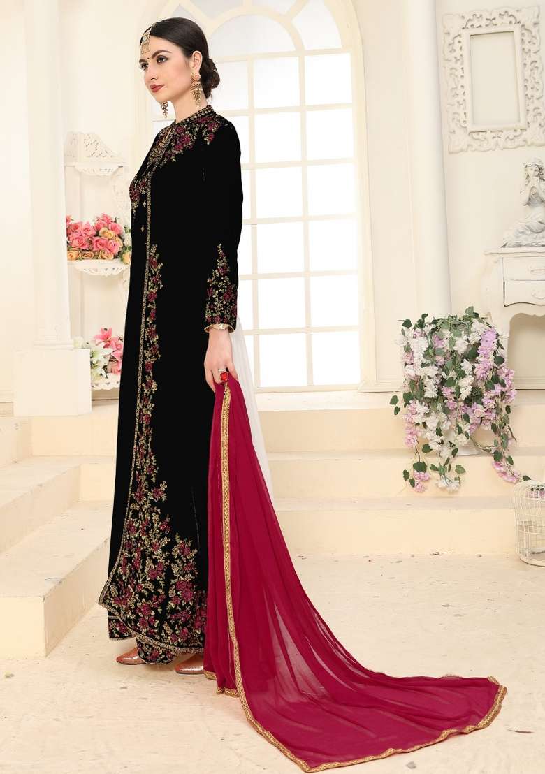 Black Embroidered Georgette Kurta Set - Indya