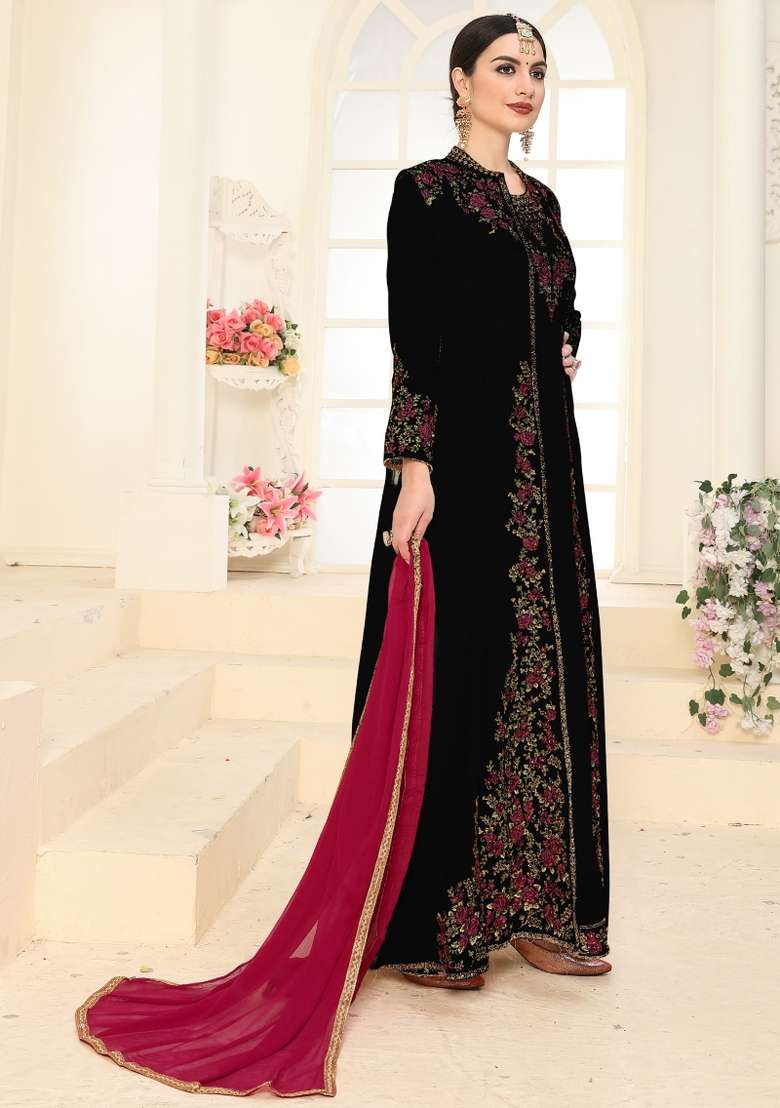 Black Embroidered Georgette Kurta Set - Indya
