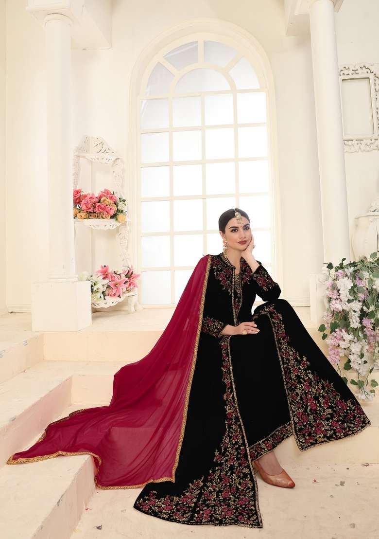 Black Embroidered Georgette Kurta Set - Indya