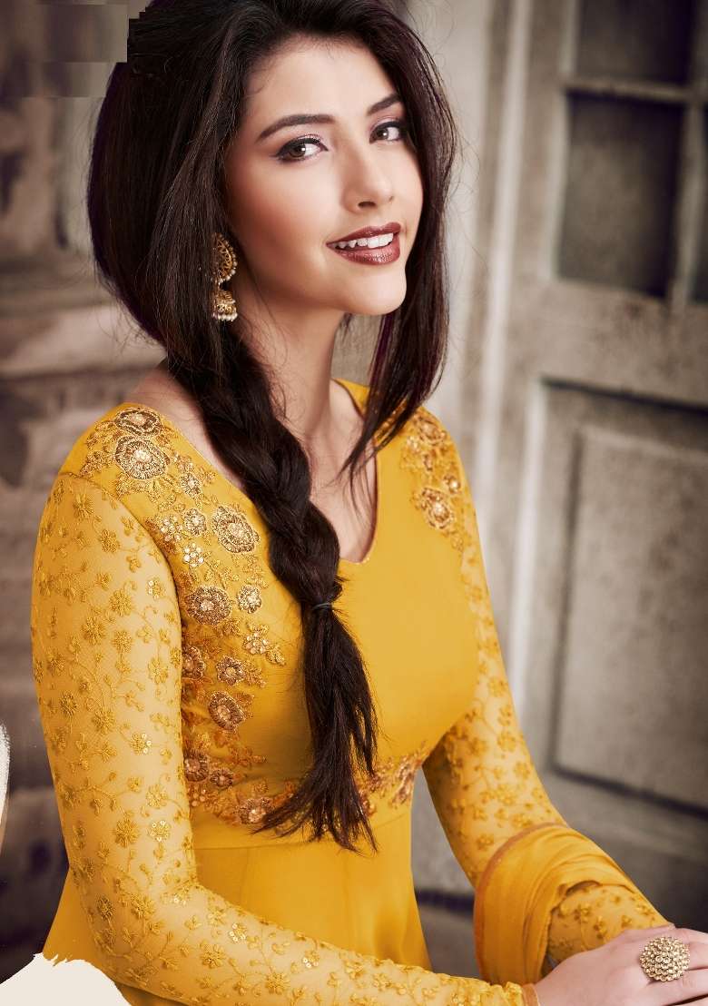 Yellow Embroidered Georgette Kurta Set - Indya