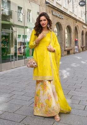 Yellow Embroidered Chinon Kurta Set