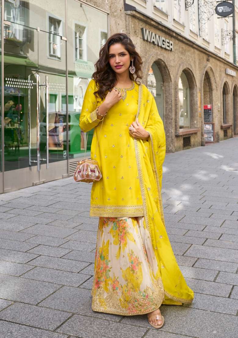 Yellow Embroidered Chinon Kurta Set - Indya