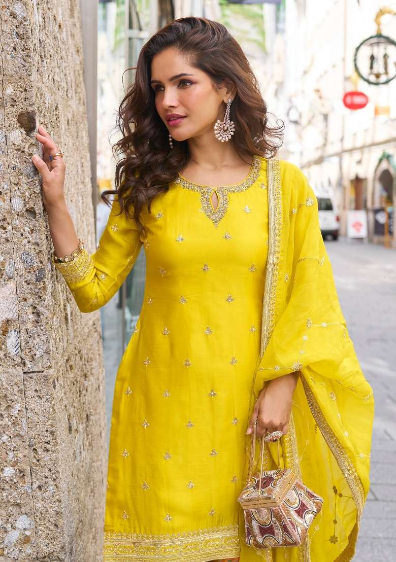 Yellow Embroidered Chinon Kurta Set - Indya