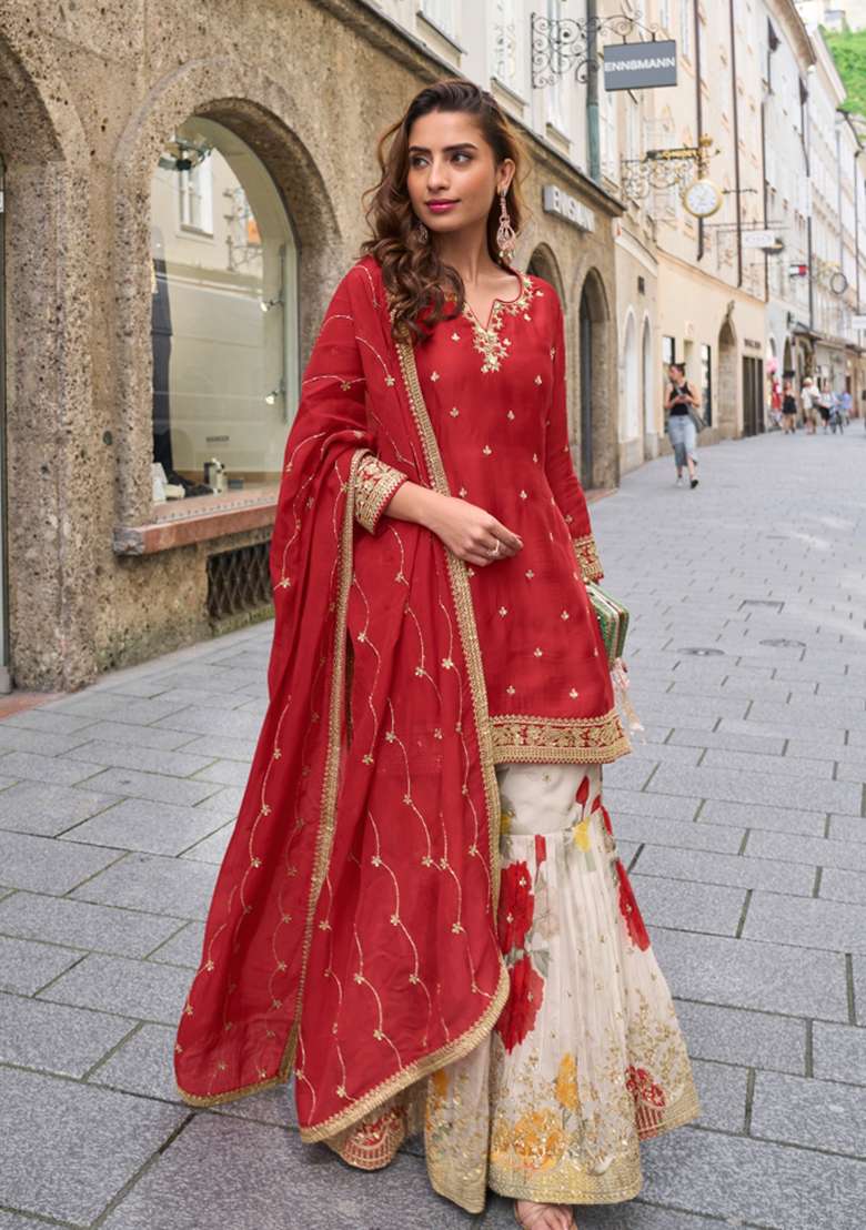 Red Embroidered Chinon Kurta Set - Indya