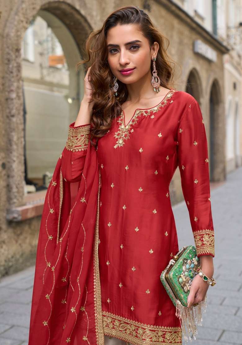Red Embroidered Chinon Kurta Set - Indya