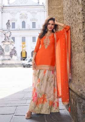 Orange Embroidered Chinon Kurta Set