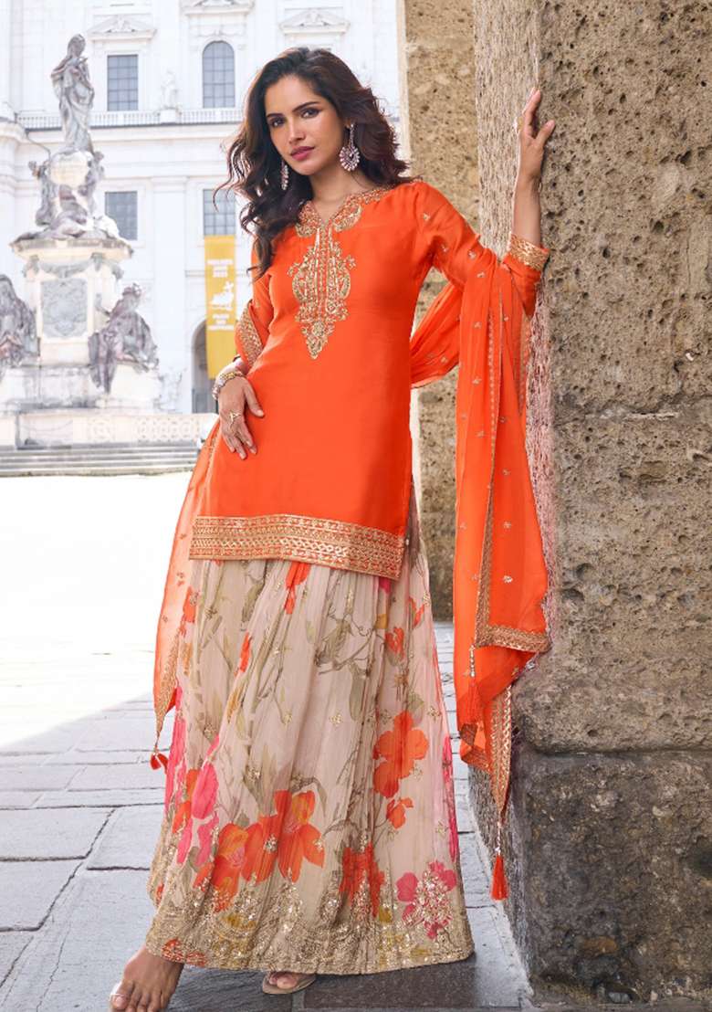 Orange Embroidered Chinon Kurta Set - Indya