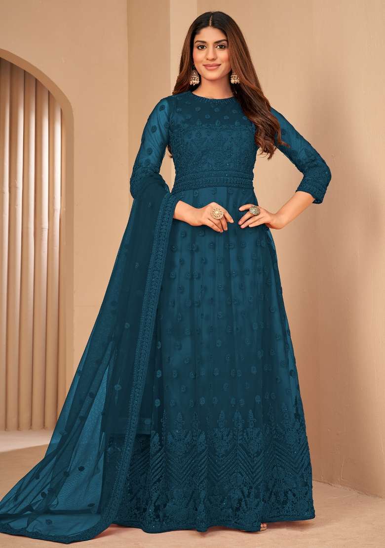 Rama Green Embroidered Net Kurta Set - Indya