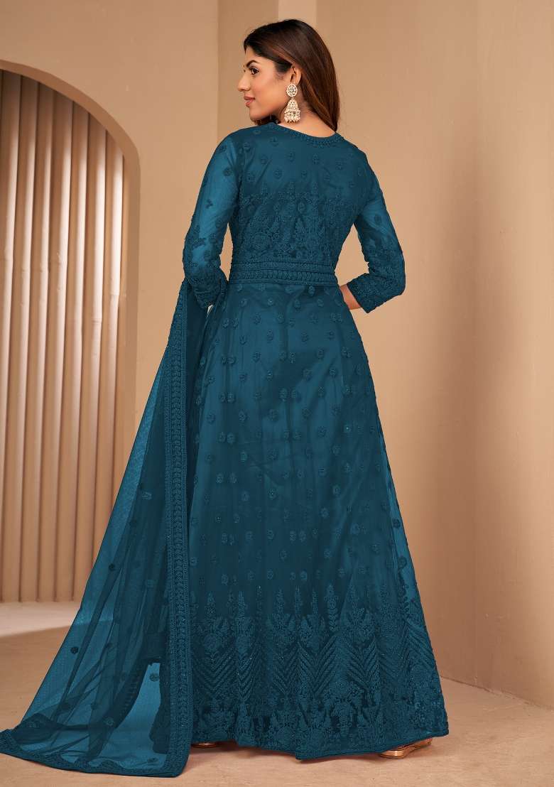 Rama Green Embroidered Net Kurta Set - Indya